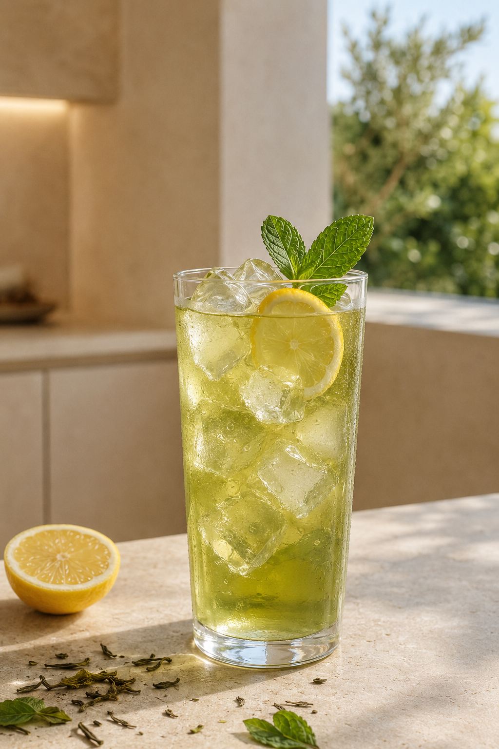 Té verde helado con limón y hierbabuena