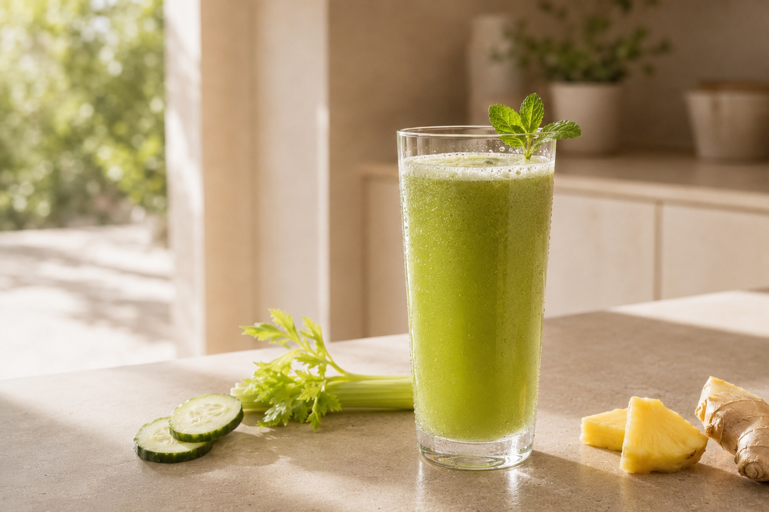 Green Juice Cocktail de apio, piña, pepino y jengibre
