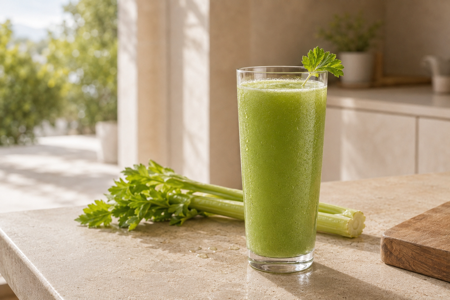 Morning Greens de apio servido en un vaso alto