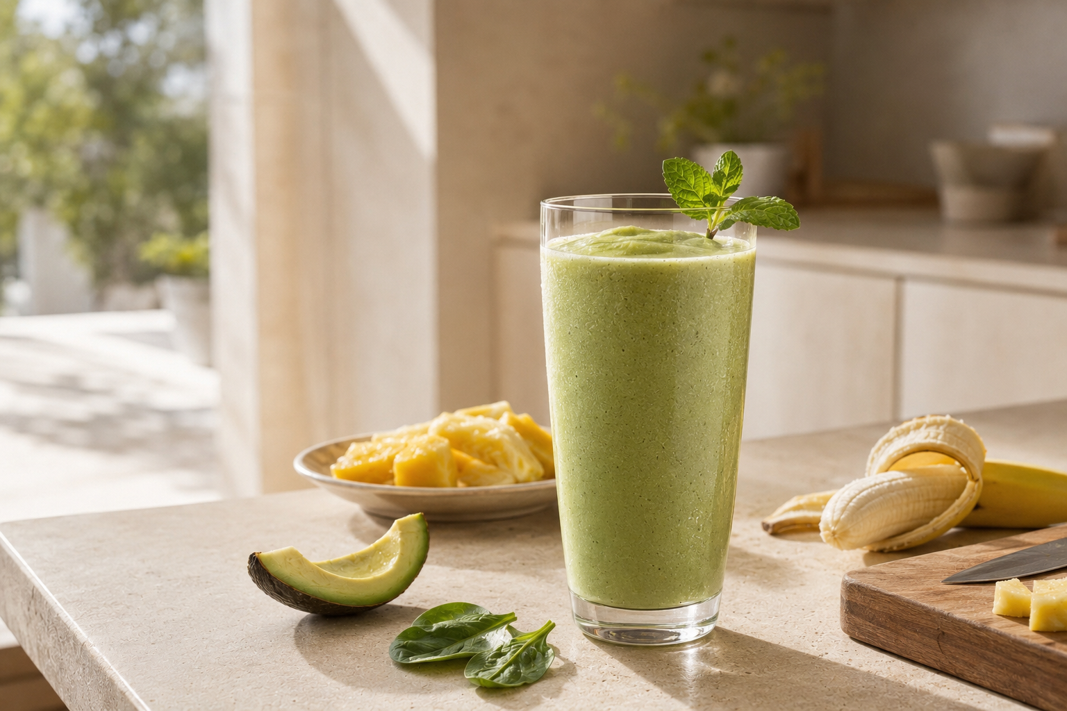 Skin Glow Smoothie con espinacas, plátano, piña, mango y aguacate