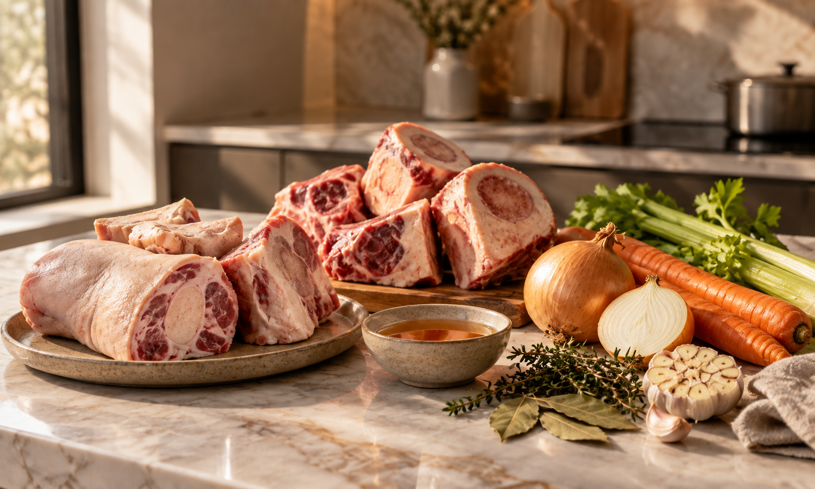 Ingredientes del caldo: pie de ternera troceado, huesos de vacuno, zanahorias, cebolla, apio, ajo y hierbas