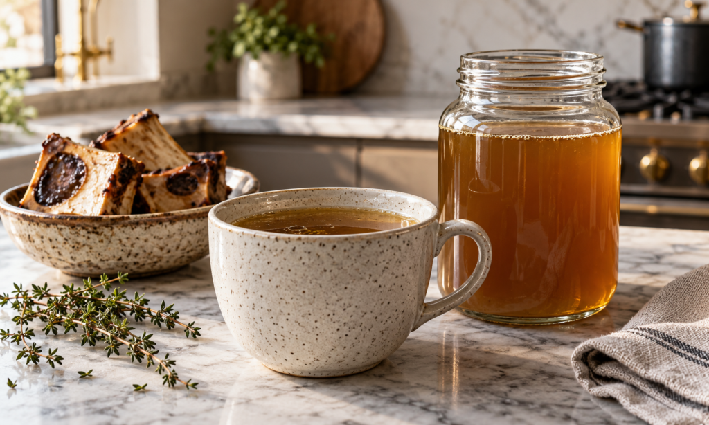 Caldo de huesos de ternera en taza de cerámica y tarro de cristal, con huesos asados al fondo.