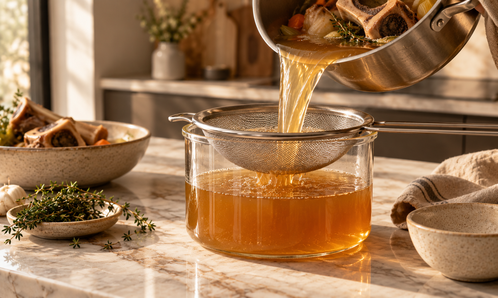 Caldo de huesos vertiéndose a través de un colador fino a un recipiente resistente al calor